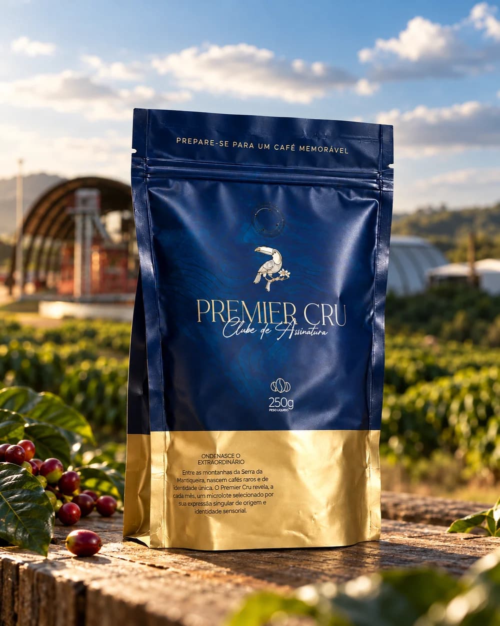 Embalagem Premier Cru azul e dourada, em uma composição com café e a fazenda ao fundo
